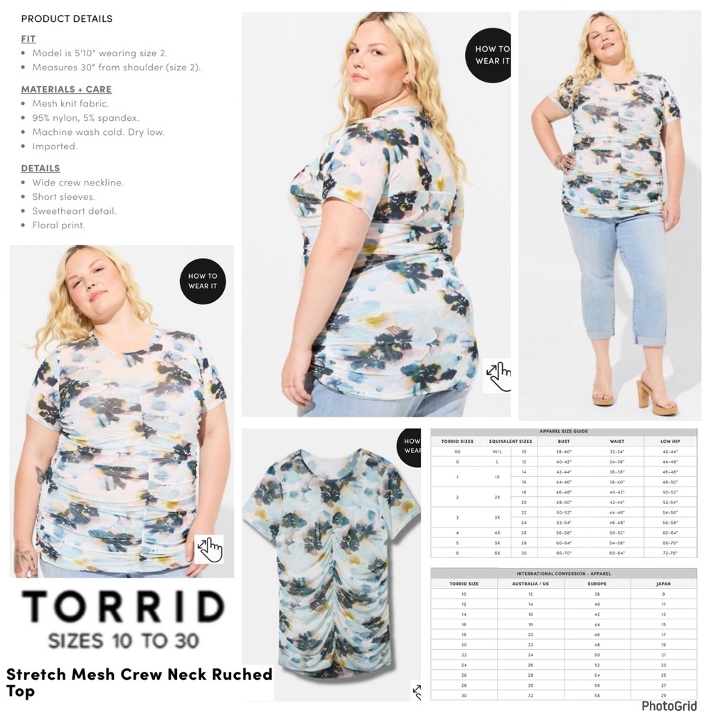 Torrid 5 plus size floral stretch mesh ruched blouse NWT